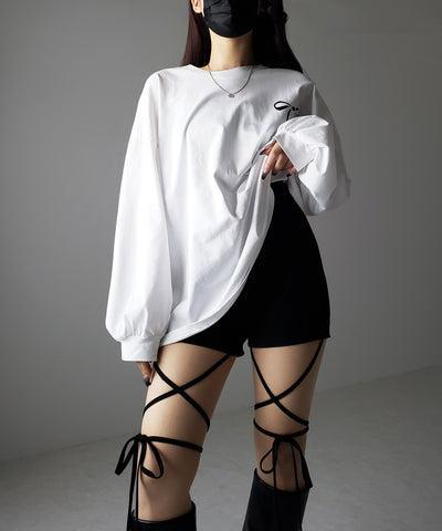 【 セルフカット調節可能 】クロスストラップリボンバイカーレギンスパンツ / cross strap ribbon biker leggings pants
