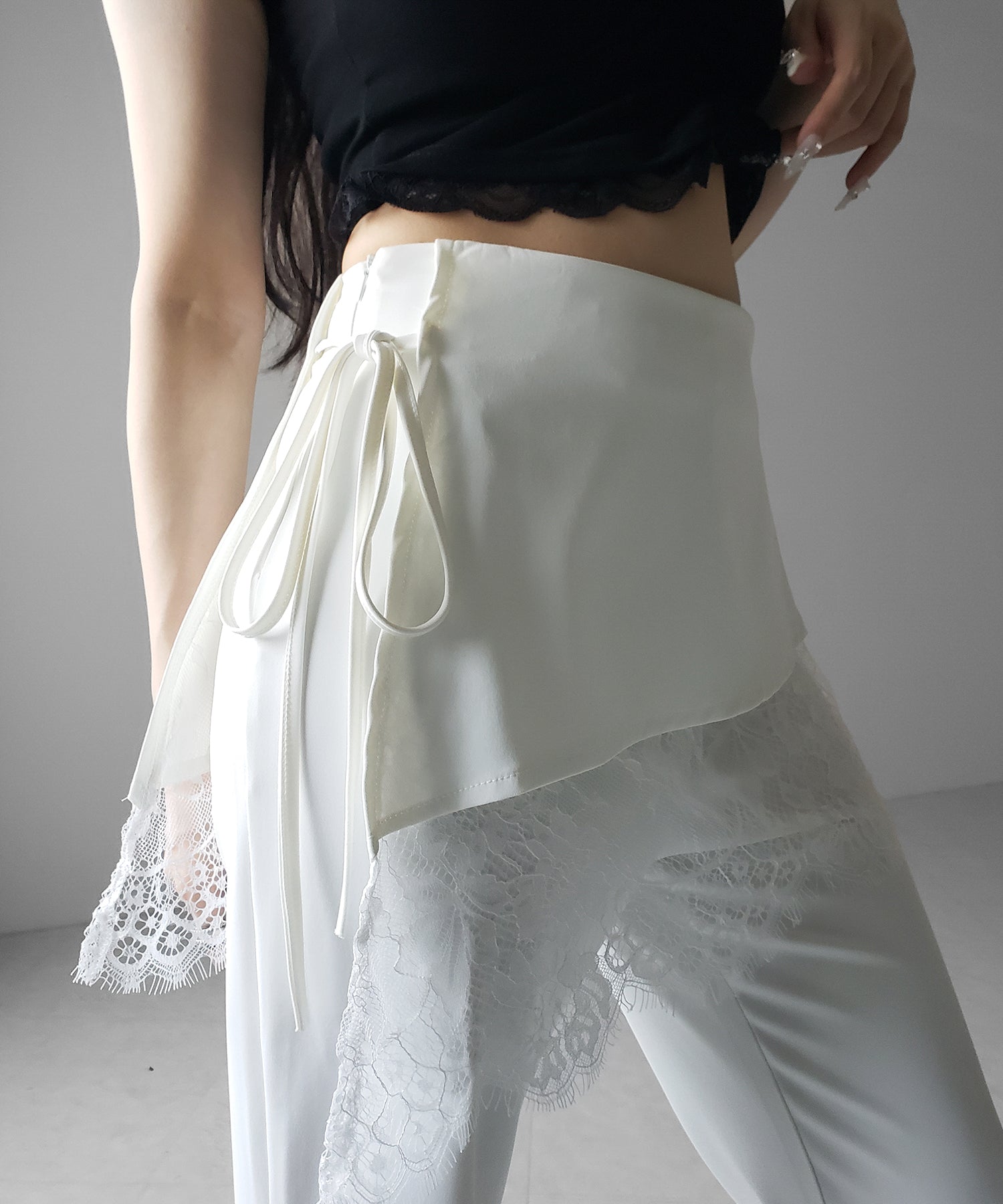 【3size 】レースレイヤードサイドリボンラップフレアスラックス / lace layered side ribbon wrap flare slacks