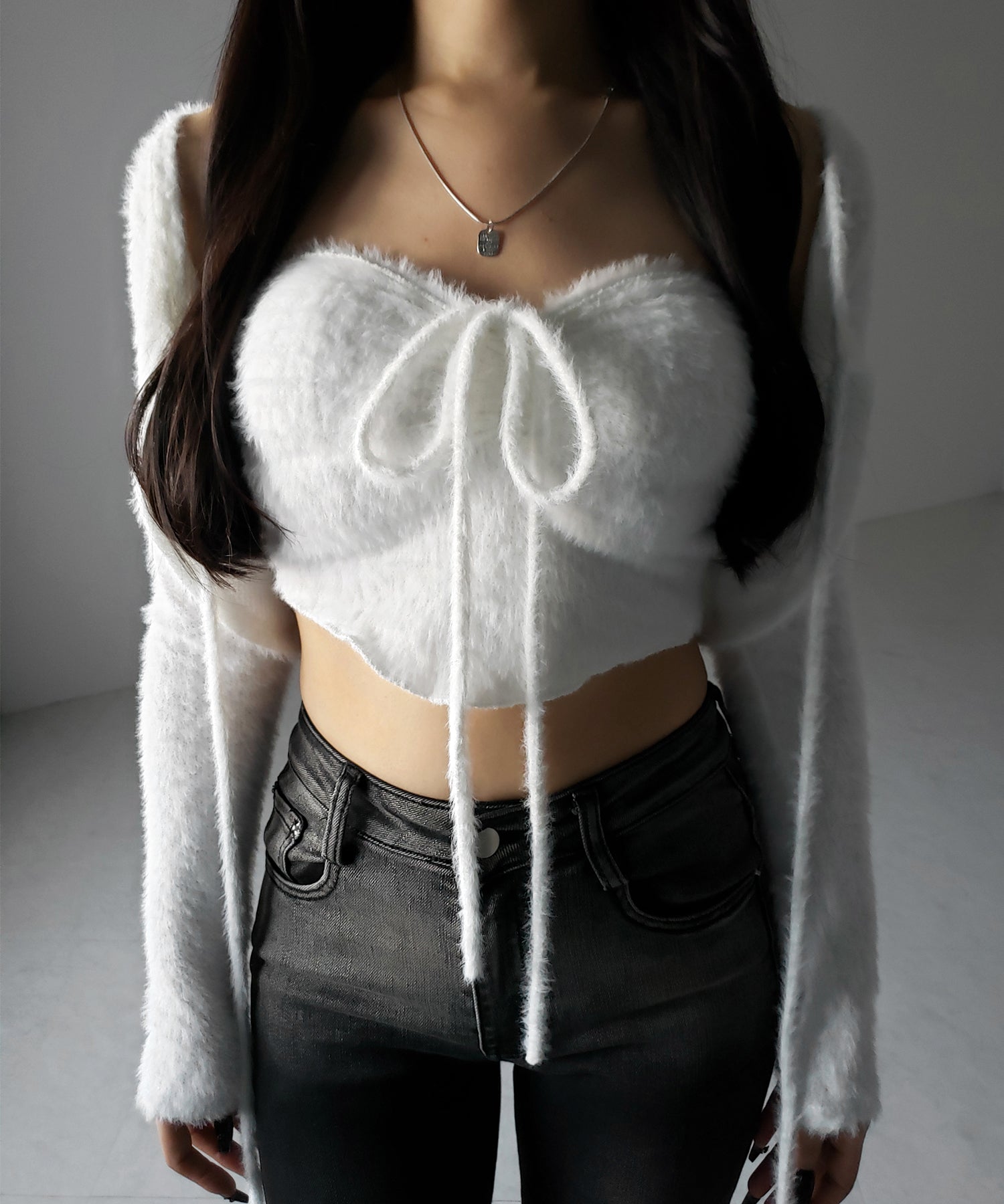 【 2点セット 】シャギーリボンベアトップス & ショートシャギーカーディガン SET / Shaggy ribbon bare tops & short shaggy cardigan