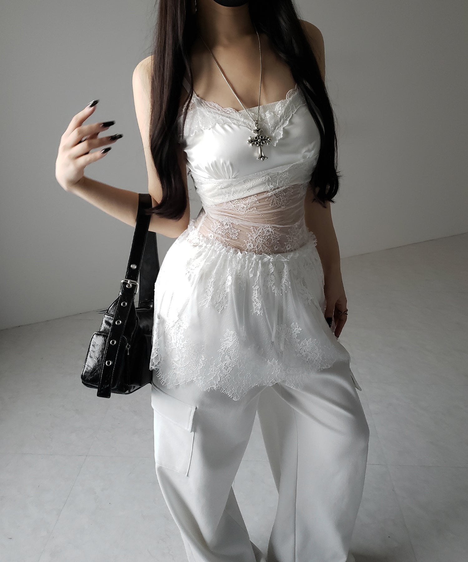 サテンレースドッキングランジェリーチュニックキャミソール / satin lace docking lingerie tunic camisole