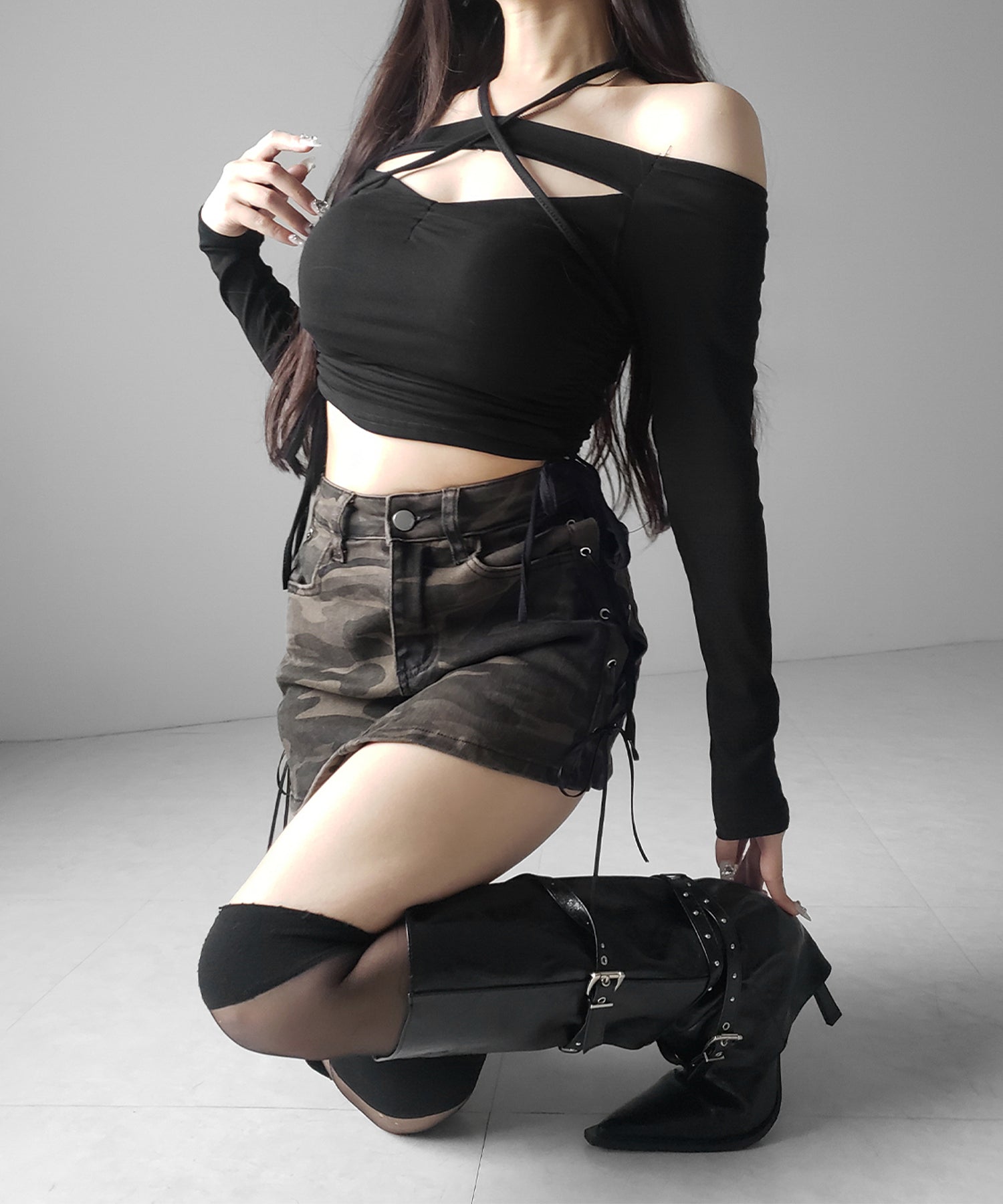 ヴィンテージカモフラレースアップデニムミニスカパン / vintage camouflage lace up denim mini skirt pants