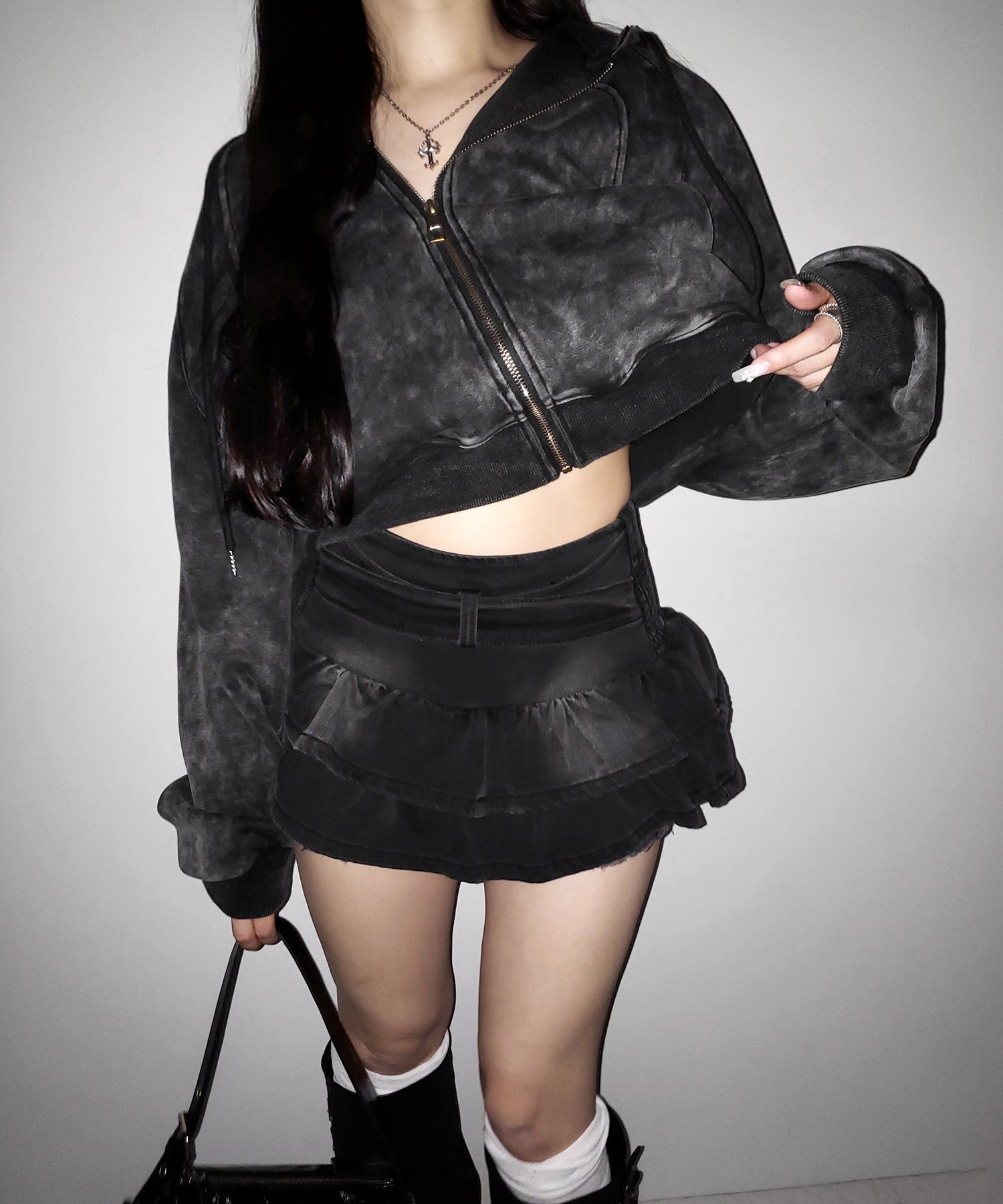 【 2color 】ベルテッドフリルヴィンテージデニムミニスカパン / Belted frill vintage denim mini skirt pants