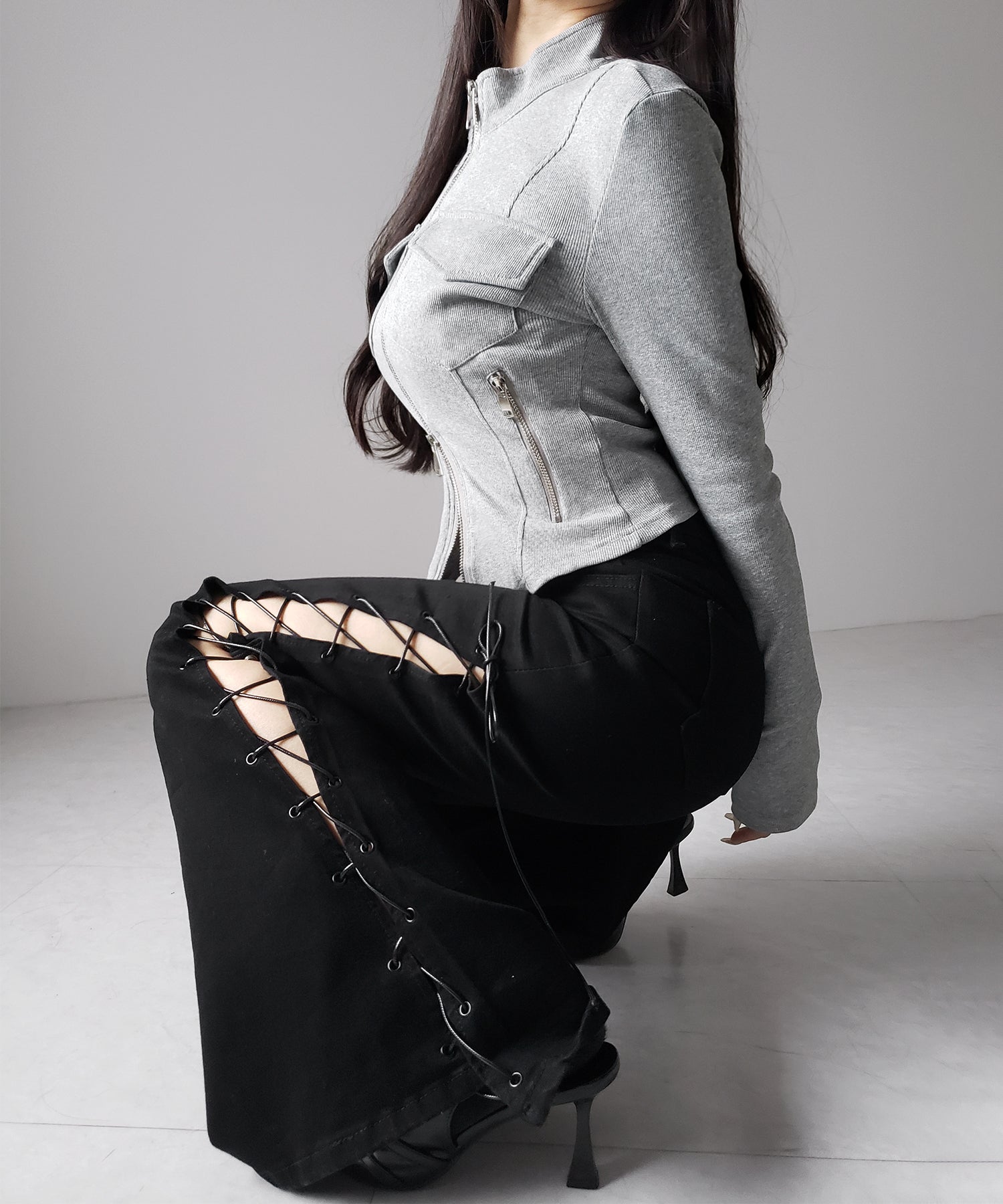 アウトポケットダブルジップスリムリブトップス / out pocket double zip slim ribbed tops