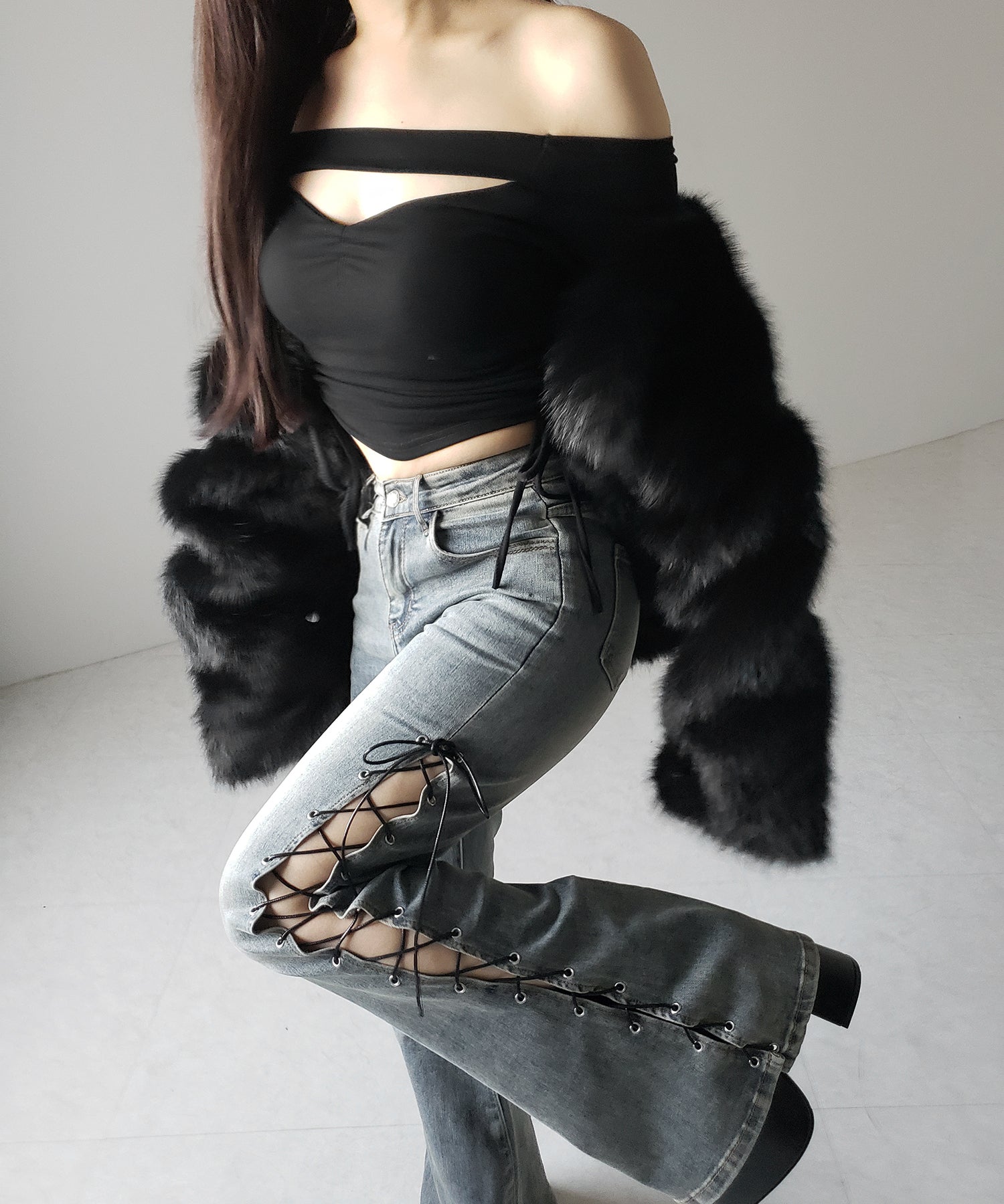 レースアップカットアウトストレッチフレアデニム / lace up cutout stretch flare denim