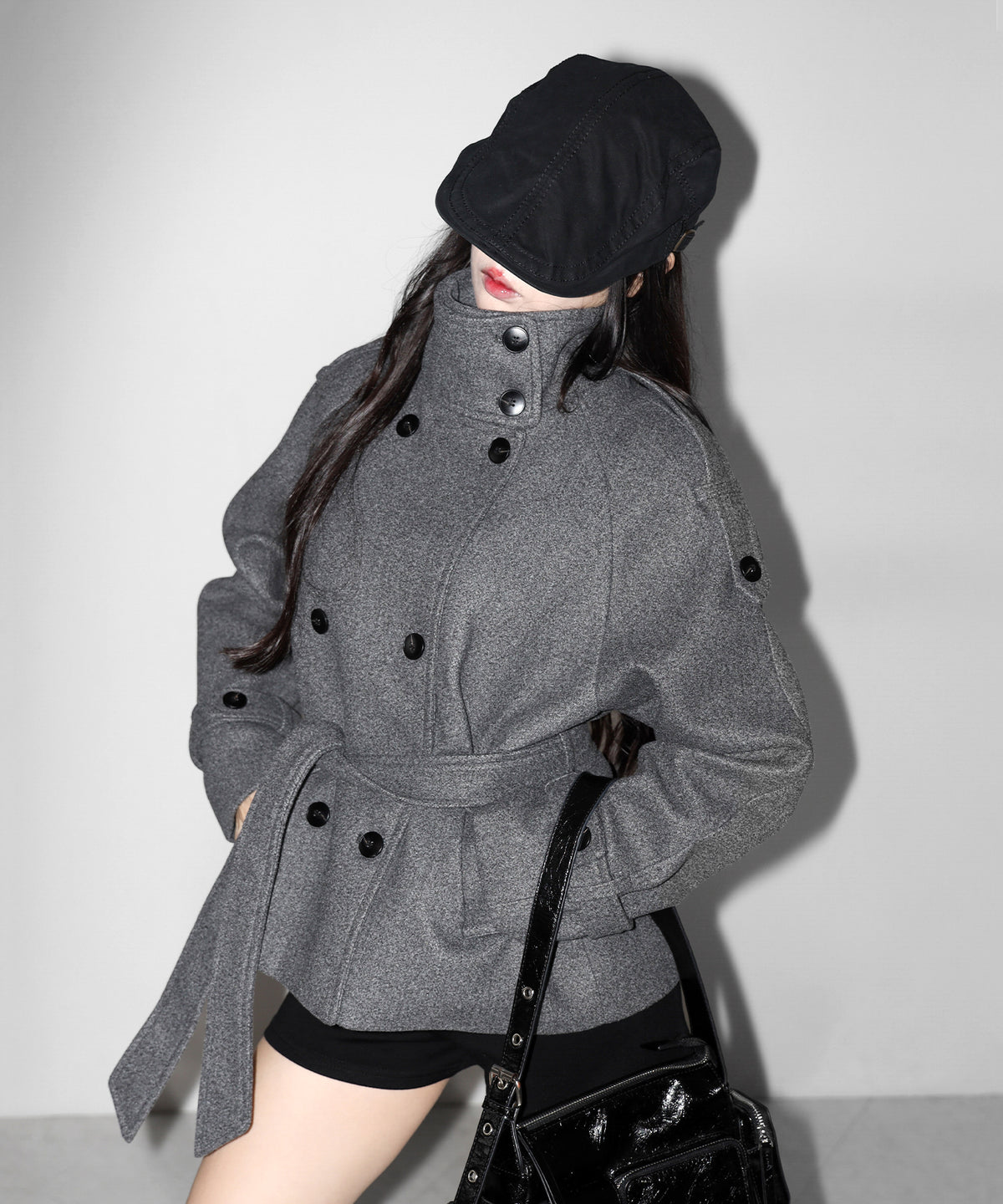 【 ウエストベルト付き 】スタンドネック ダブルブレスト ウールライクメルトンピーコート / Stand neck double-breasted wool-like melton pea coat