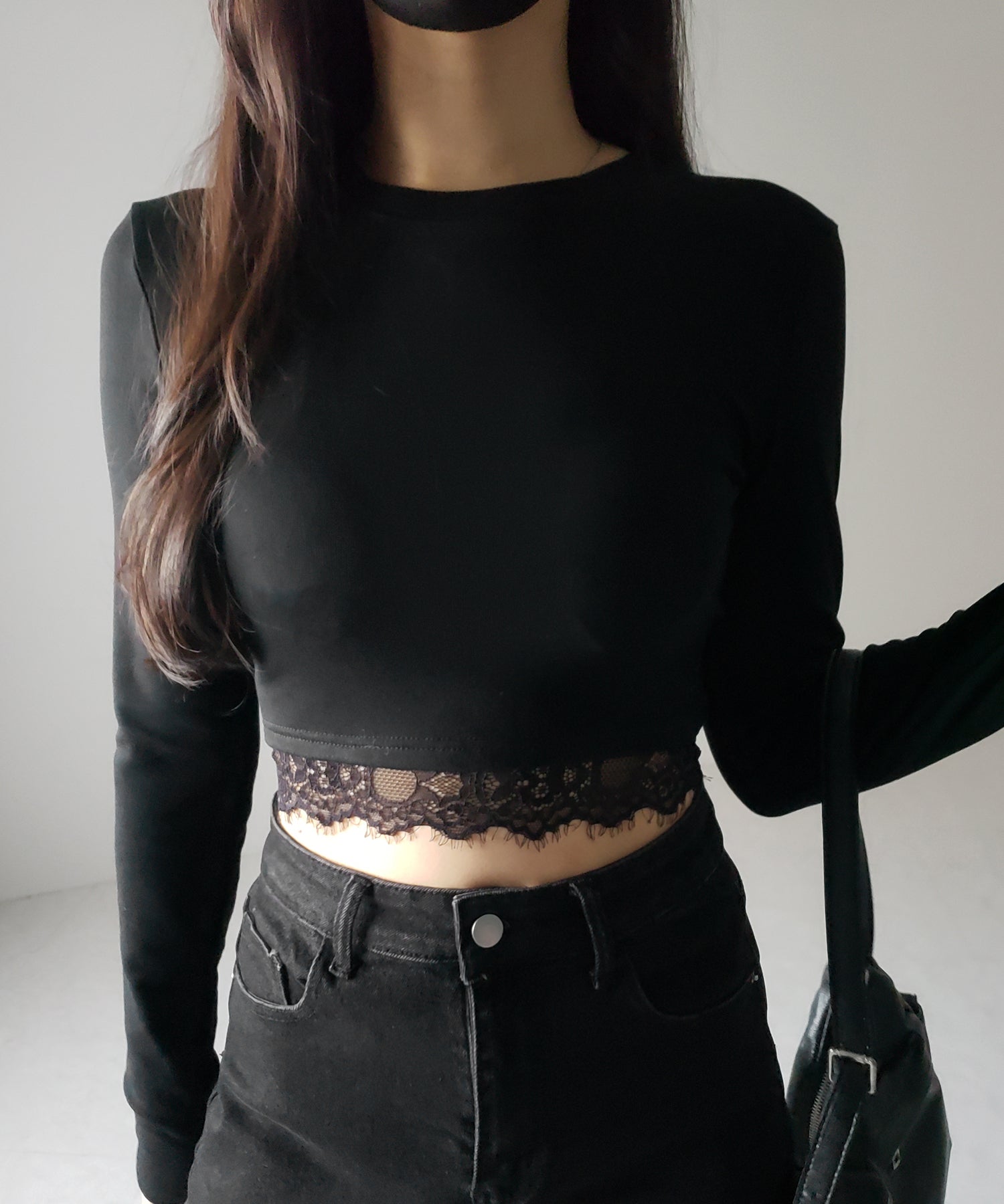 【 裏起毛 】裾レースドッキングショートTシャツ / hem lace docking short Tee
