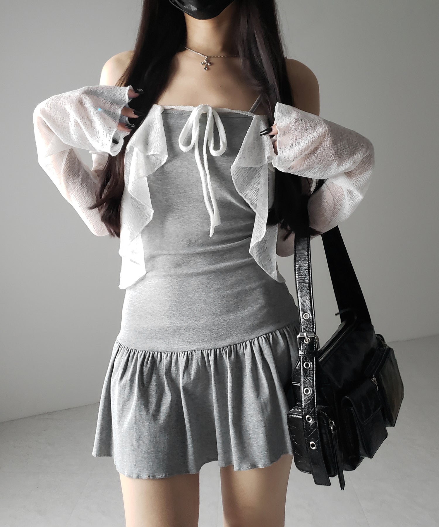 【 2点セット 】フレアキャミワンピ &シアーフリルリボンカーディガン ワンホンセットアップ / flare camisole onepiece & sheer frill ribbon cardigan wanghong SETUP