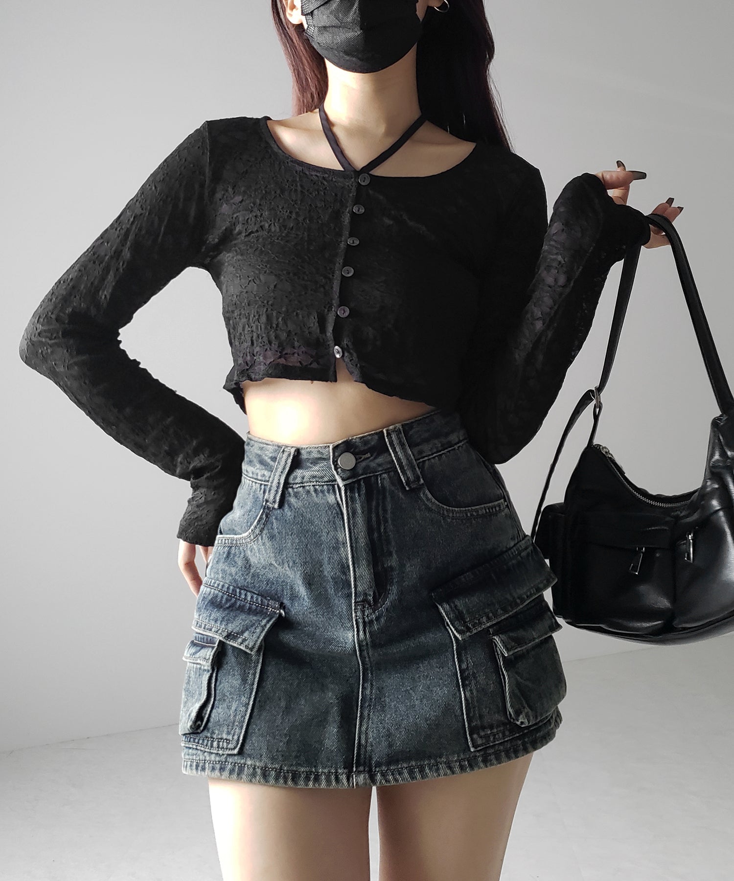 【 3size / 2color 】ダブルポケットヴィンテージカーゴデニムミニスカパン / double pocket vintage cargo denim mini skirt pants