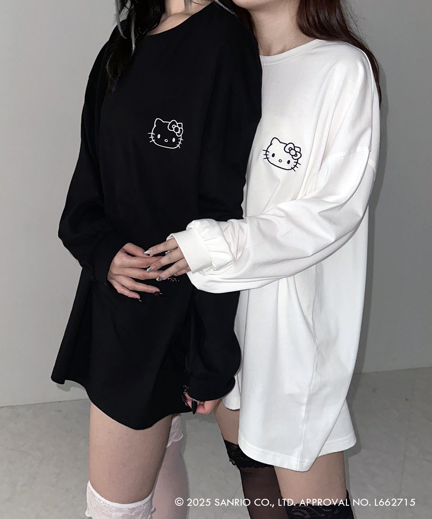 【 HELLO KITTY × me+em select 】ハローキティ刺繍長袖ビッグロンT / Hello Kitty embroidery big long sleeve T-Shirts【 セットアップ着用可能 】