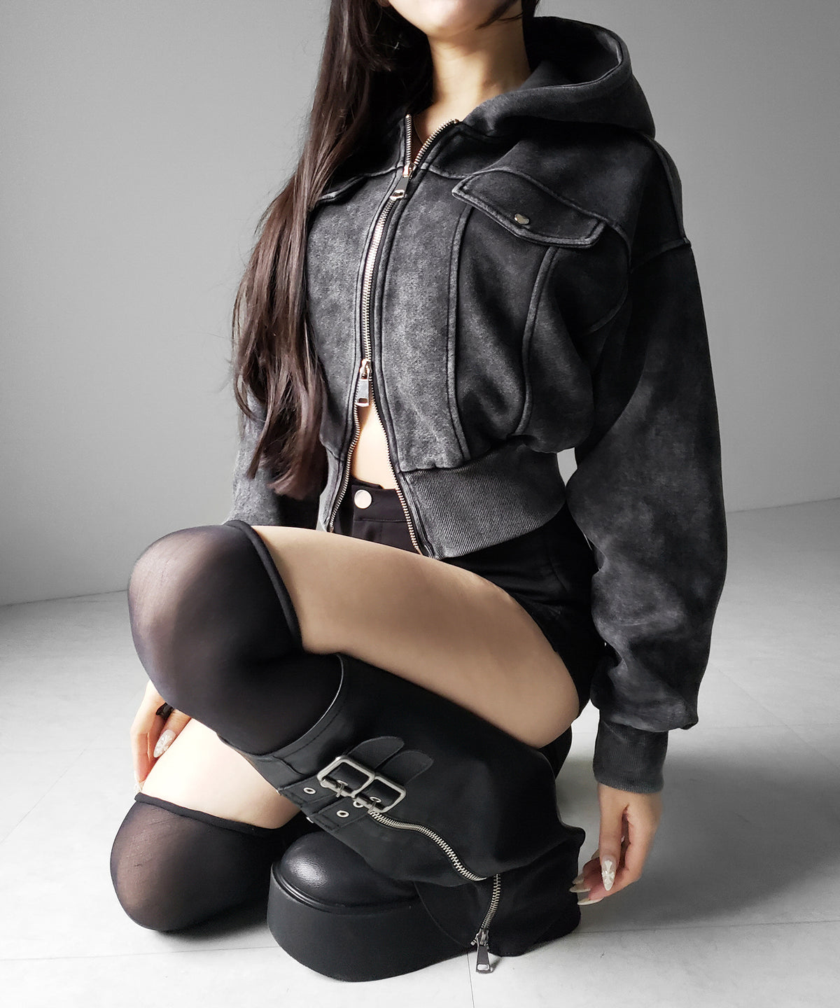ピグメントダブルジップショートパーカー / pigment double zip short hoodie