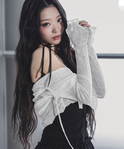フロントリボンシアーニットショートカーディガン / front ribbon sheer knit short cardigan