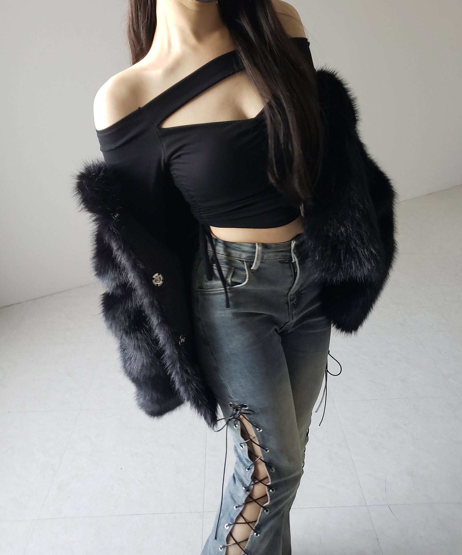 レースアップカットアウトストレッチフレアデニム / lace up cutout stretch flare denim