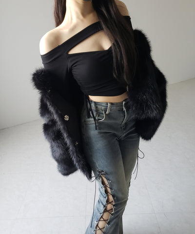 レースアップカットアウトストレッチフレアデニム / lace up cutout stretch flare denim