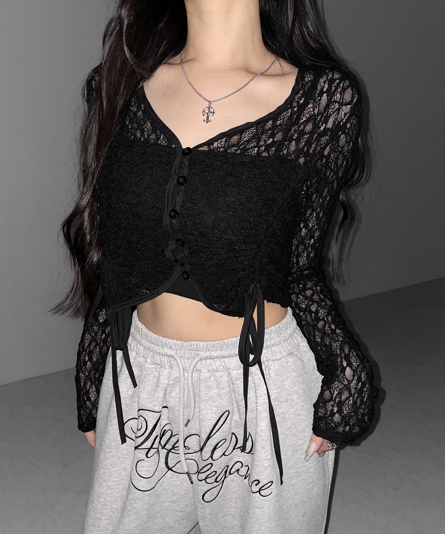 ダブルシャーリングショートレースカーディガン / double shirring short lace cardigan