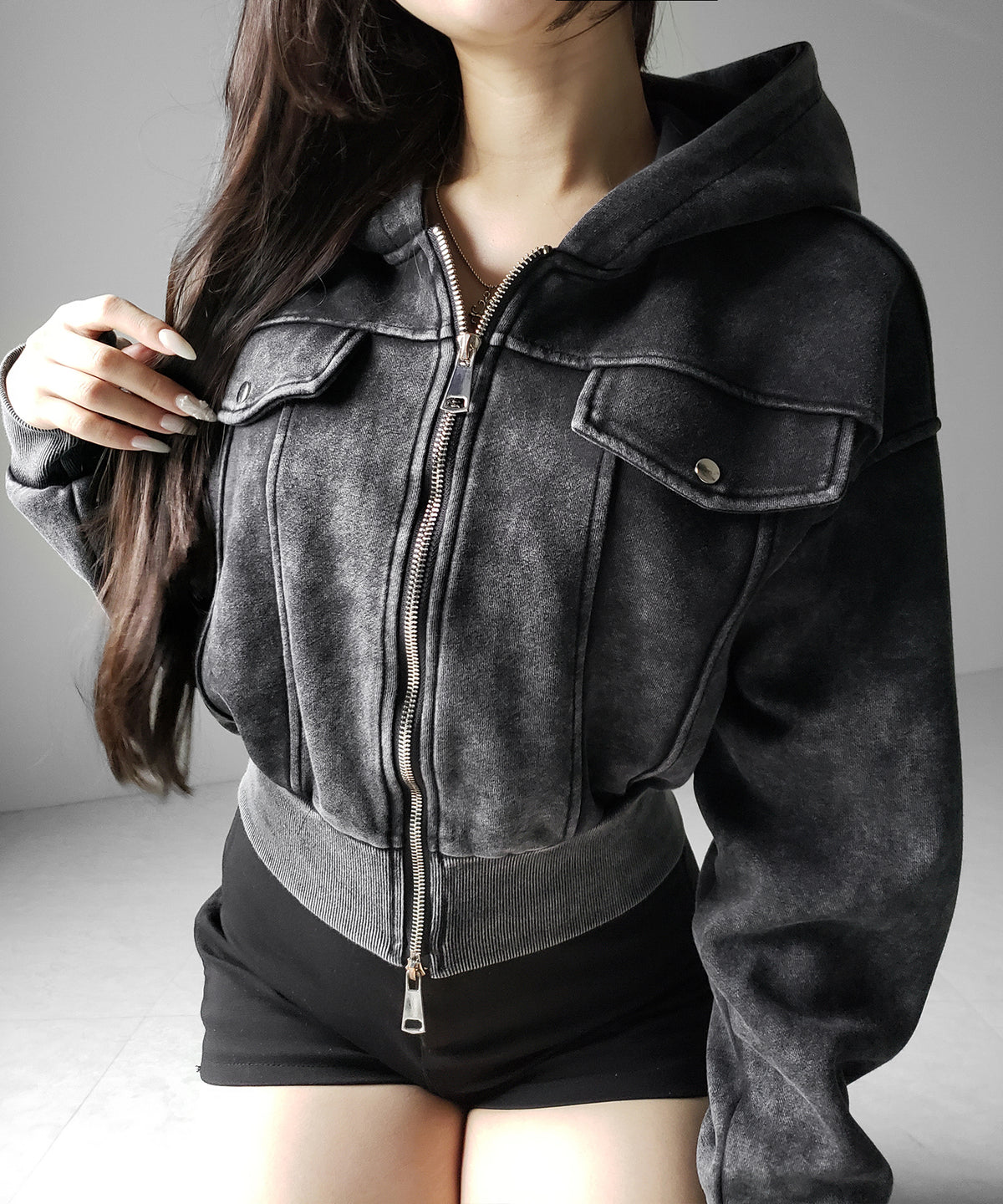 ピグメントダブルジップショートパーカー / pigment double zip short hoodie