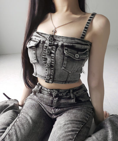 【 セットアップ 】ヴィンテージライクデニムビスチェ + ストレッチフレアデニム SET / 【 SET UP 】 vintage like denim bustier + stretch flare denim