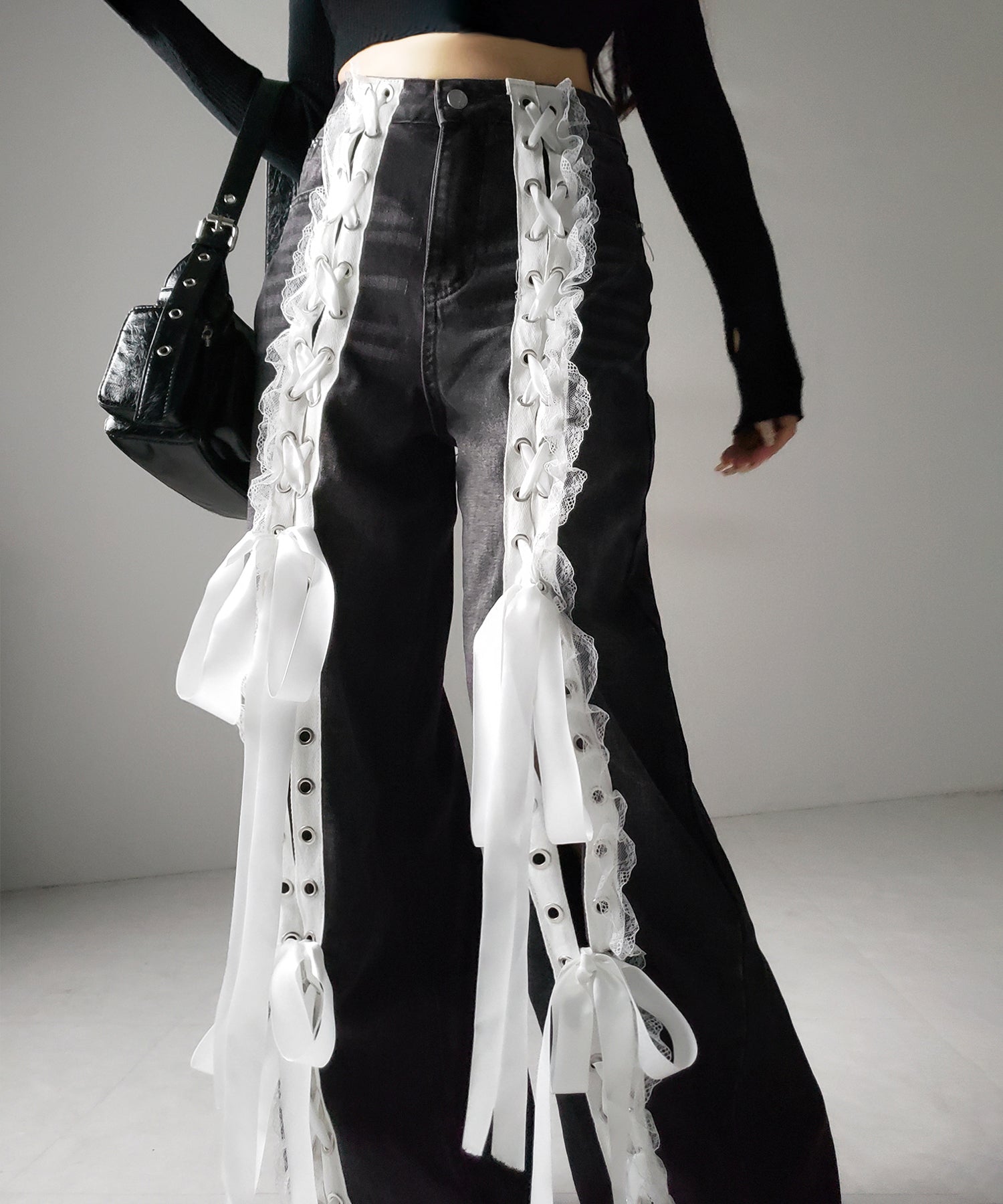 サテンリボンレースアップワイドデニムパンツ / satin ribbon lace up wide denim pants