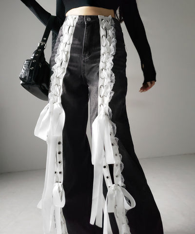 サテンリボンレースアップワイドデニムパンツ / satin ribbon lace up wide denim pants