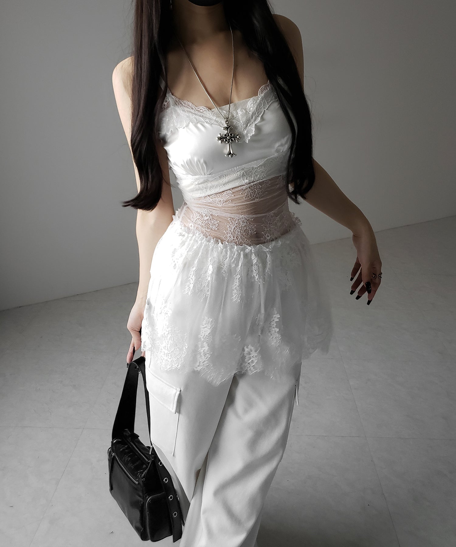 サテンレースドッキングランジェリーチュニックキャミソール / satin lace docking lingerie tunic camisole