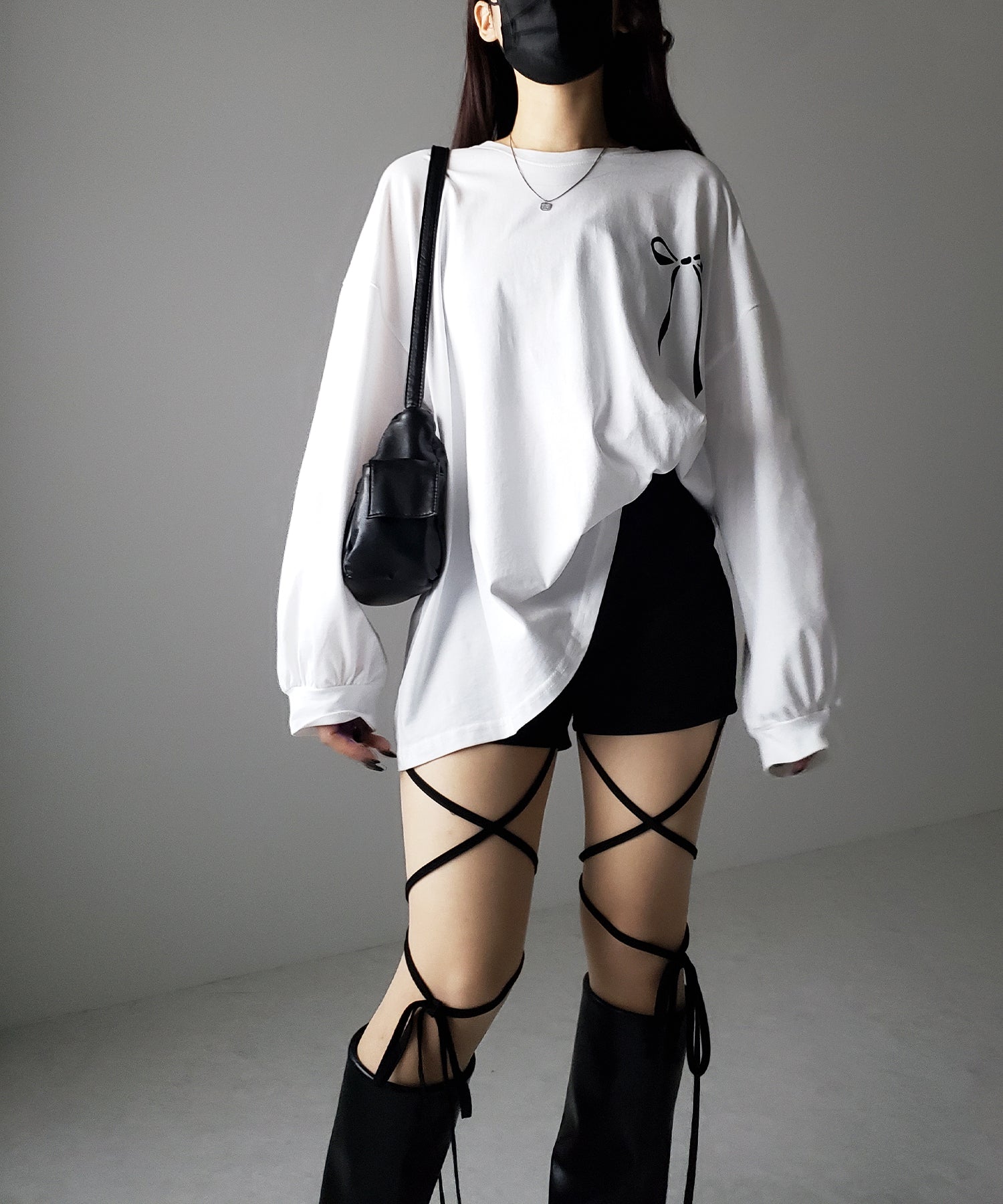 【 セルフカット調節可能 】クロスストラップリボンバイカーレギンスパンツ / cross strap ribbon biker leggings pants