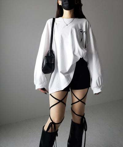【 セルフカット調節可能 】クロスストラップリボンバイカーレギンスパンツ / cross strap ribbon biker leggings pants