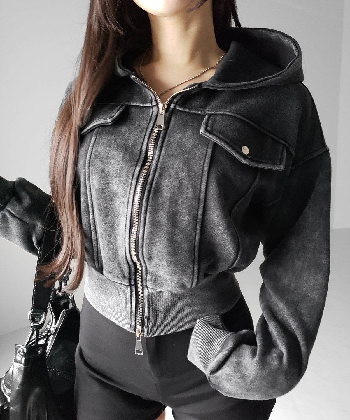 ピグメントダブルジップショートパーカー / pigment double zip short hoodie