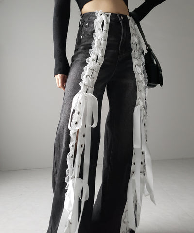 サテンリボンレースアップワイドデニムパンツ / satin ribbon lace up wide denim pants