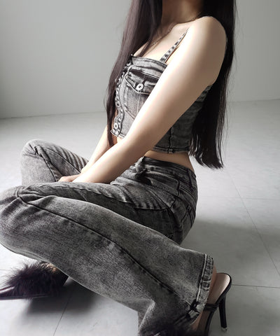 【 セットアップ 】ヴィンテージライクデニムビスチェ + ストレッチフレアデニム SET / 【 SET UP 】 vintage like denim bustier + stretch flare denim