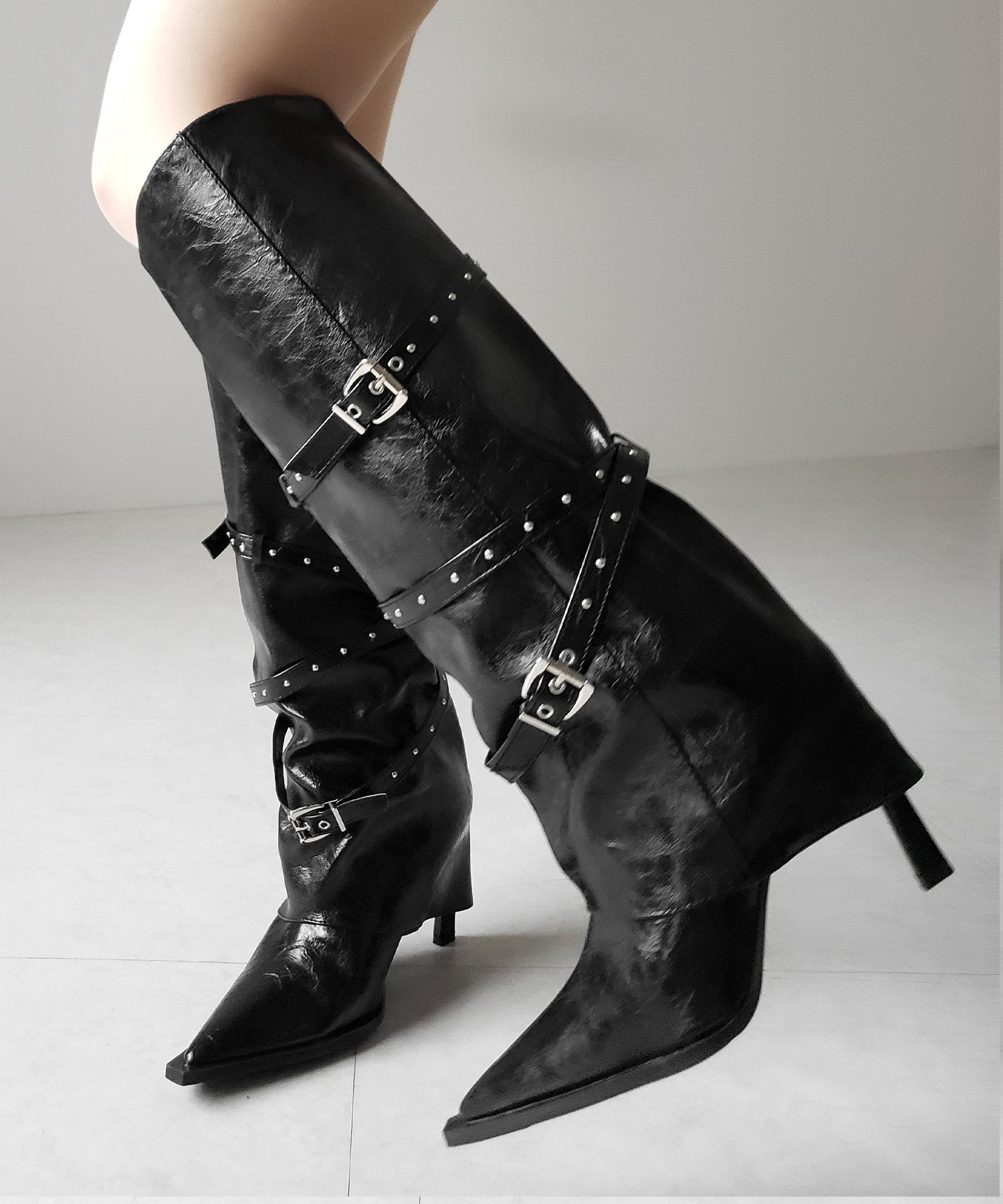 ヴィンテージレザーベルテッドロングカバーブーツ /vintage leather belted long cover boots