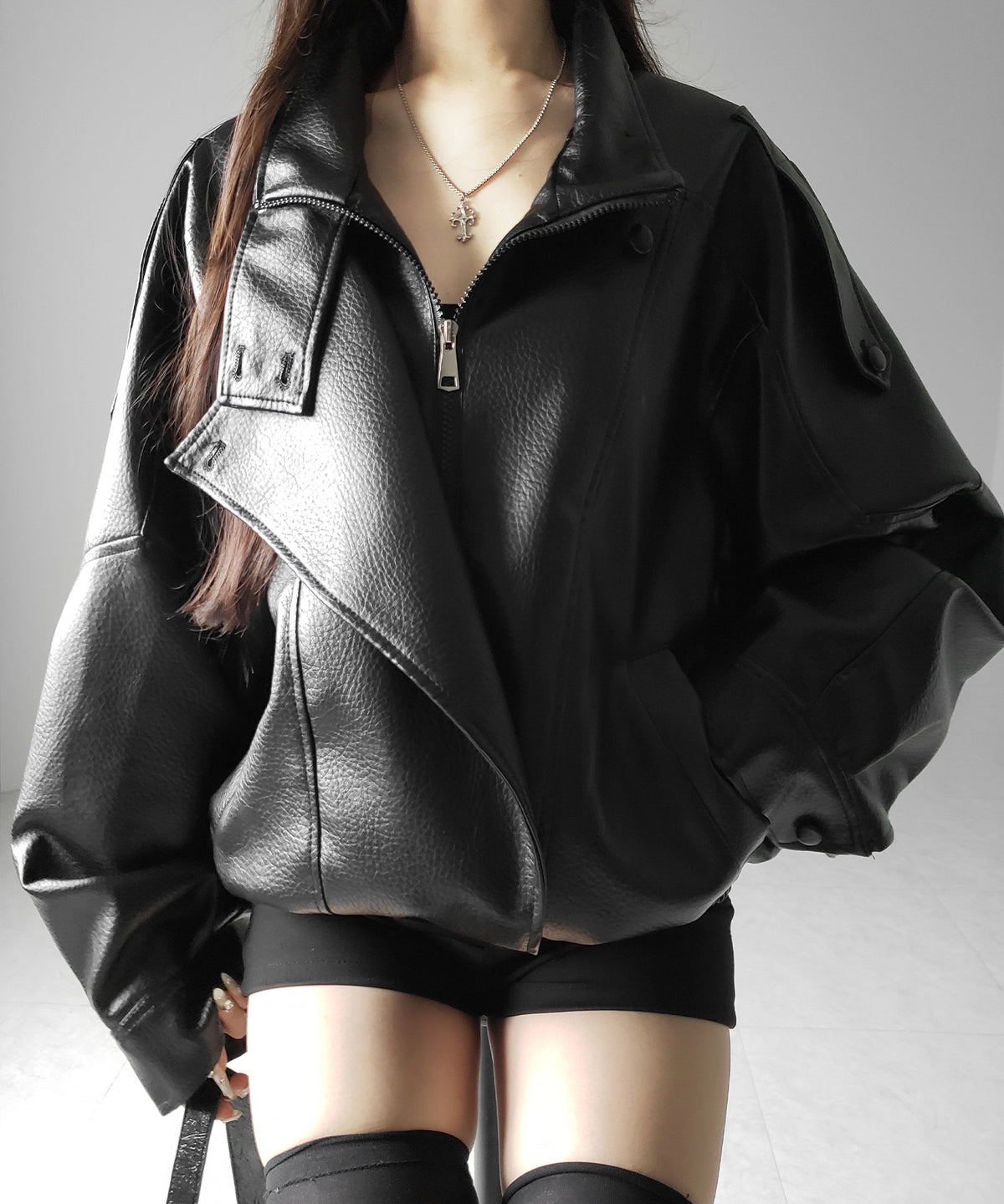 ヴィンテージフェイクレザースタンドカラージップアップブルゾン / 2WAY vintage fake leather stand collar zipup blouson