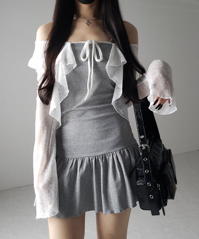 【 2点セット 】フレアキャミワンピ &シアーフリルリボンカーディガン ワンホンセットアップ / flare camisole onepiece & sheer frill ribbon cardigan wanghong SETUP