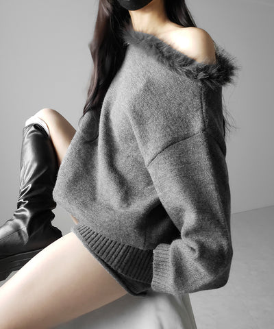 【 ニットセットアップ 】フェイクファーワンショルオーバーニット + ニットショートパンツ SET / fake fur one-shoulder over knit + knit short pants SET