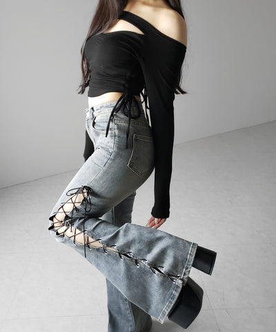 レースアップカットアウトストレッチフレアデニム / lace up cutout stretch flare denim