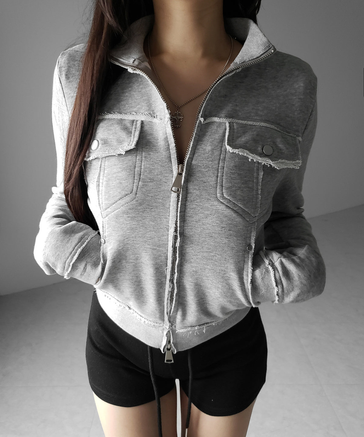 ダブルジップアウトポケット裏毛スリムジャケット / Double-zip outer pocket sweat slim jacket