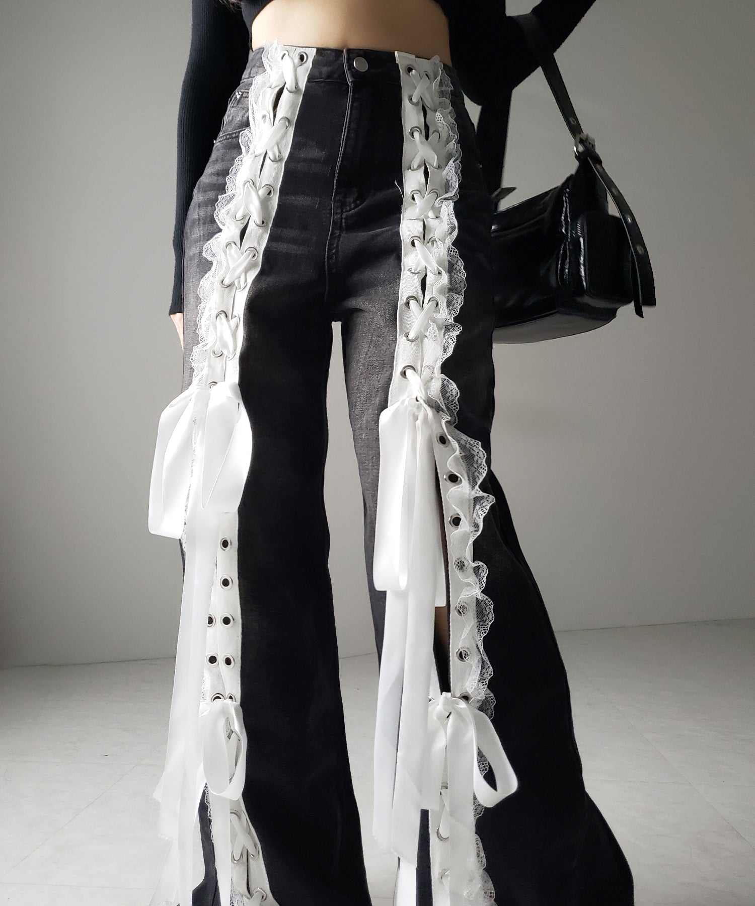 サテンリボンレースアップワイドデニムパンツ / satin ribbon lace up wide denim pants