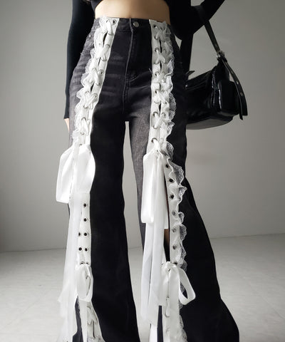 サテンリボンレースアップワイドデニムパンツ / satin ribbon lace up wide denim pants