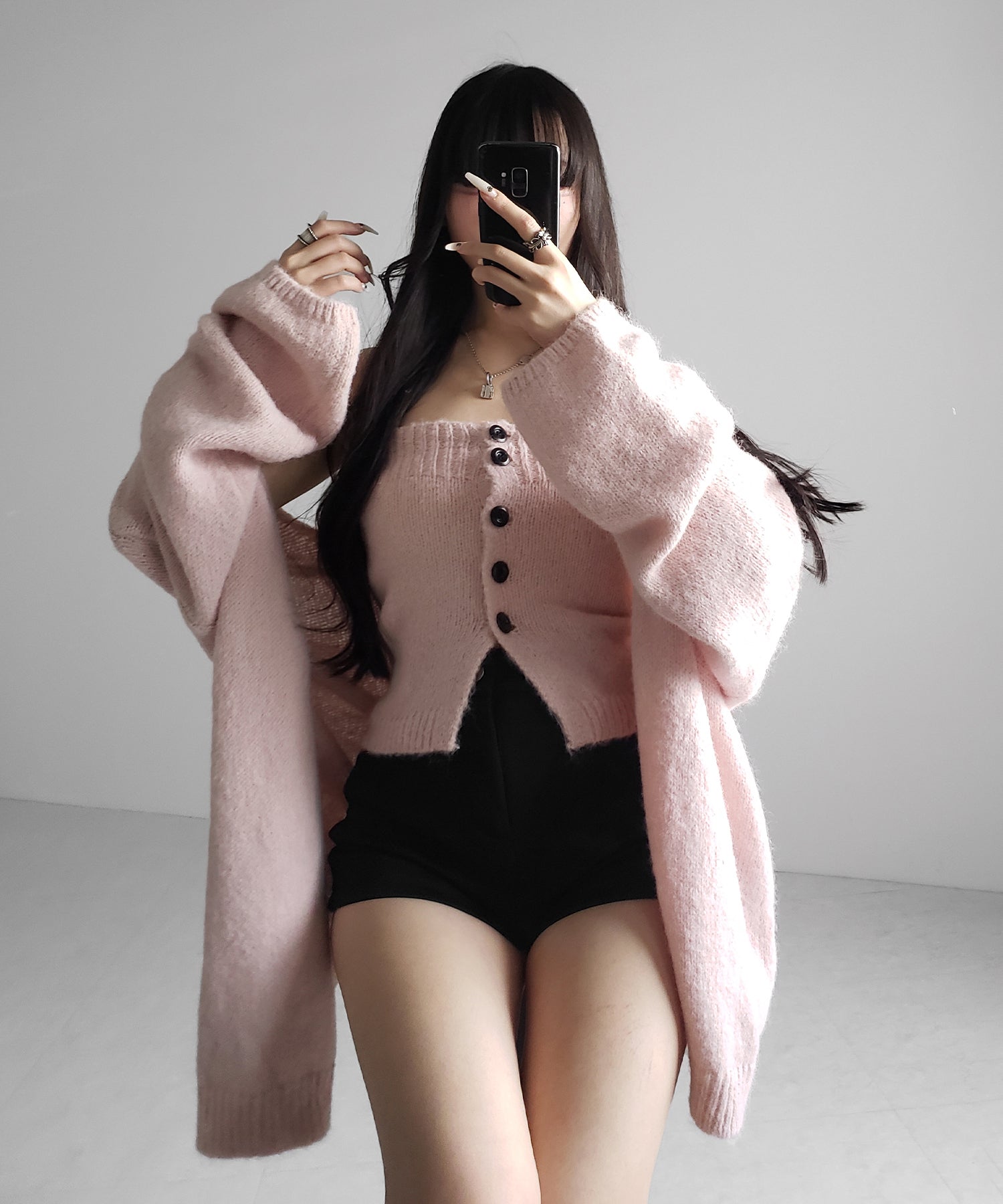 【 新色追加 /2点セット 】ニットボタンビスチェ +ロングカーディガンセット / knit button bustier + long cardigan set