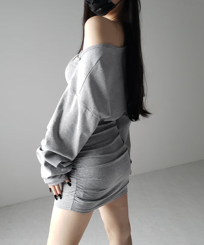 【 2点セット 】シャーリングタイトミニワンピ &フロントリボンショートカーディガン ワンホンセットアップ / shirring tight mini onepiece & front ribbon short cardigan wanghong setup