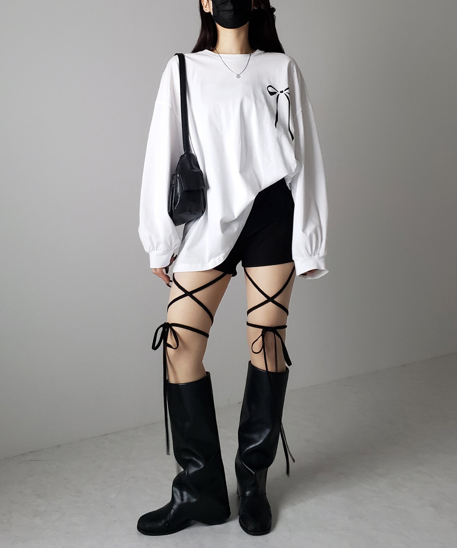 【 セルフカット調節可能 】クロスストラップリボンバイカーレギンスパンツ / cross strap ribbon biker leggings pants