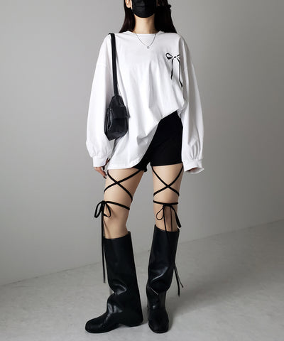 【 セルフカット調節可能 】クロスストラップリボンバイカーレギンスパンツ / cross strap ribbon biker leggings pants
