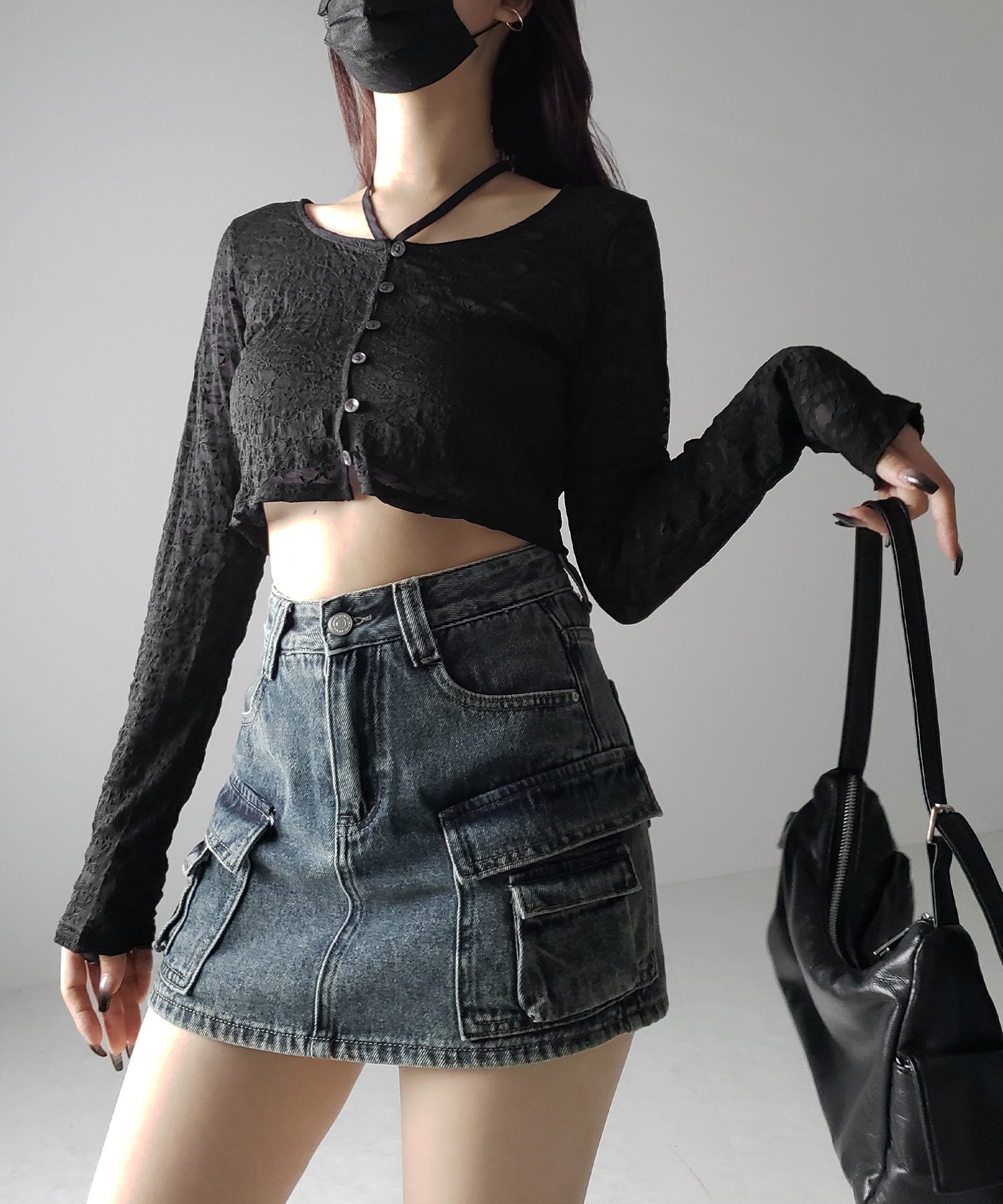 【 3size / 2color 】ダブルポケットヴィンテージカーゴデニムミニスカパン / double pocket vintage cargo denim mini skirt pants