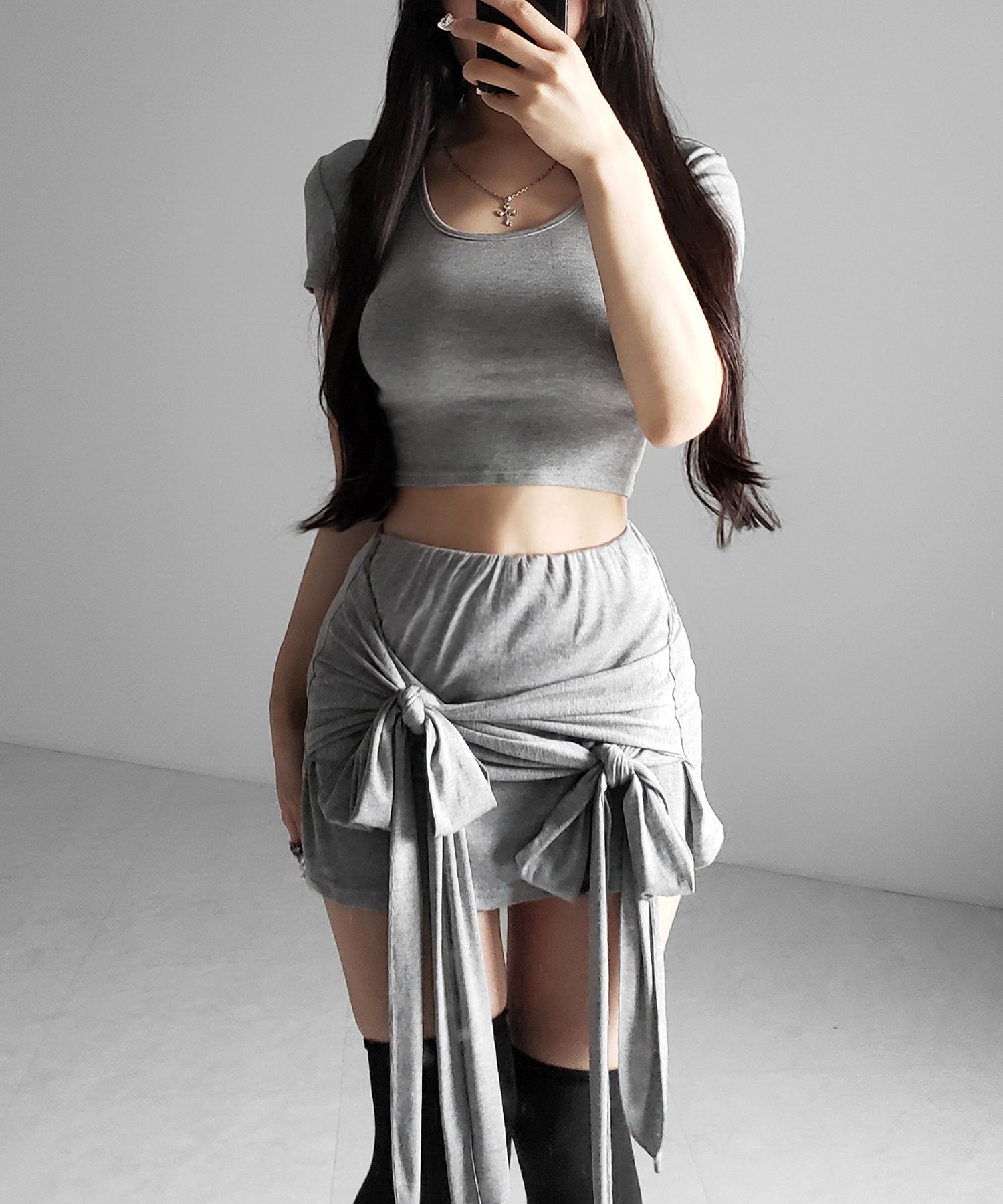 ダブルレイヤードリボンドレープミニスカパン / double layered ribbon draped mini skirt pants