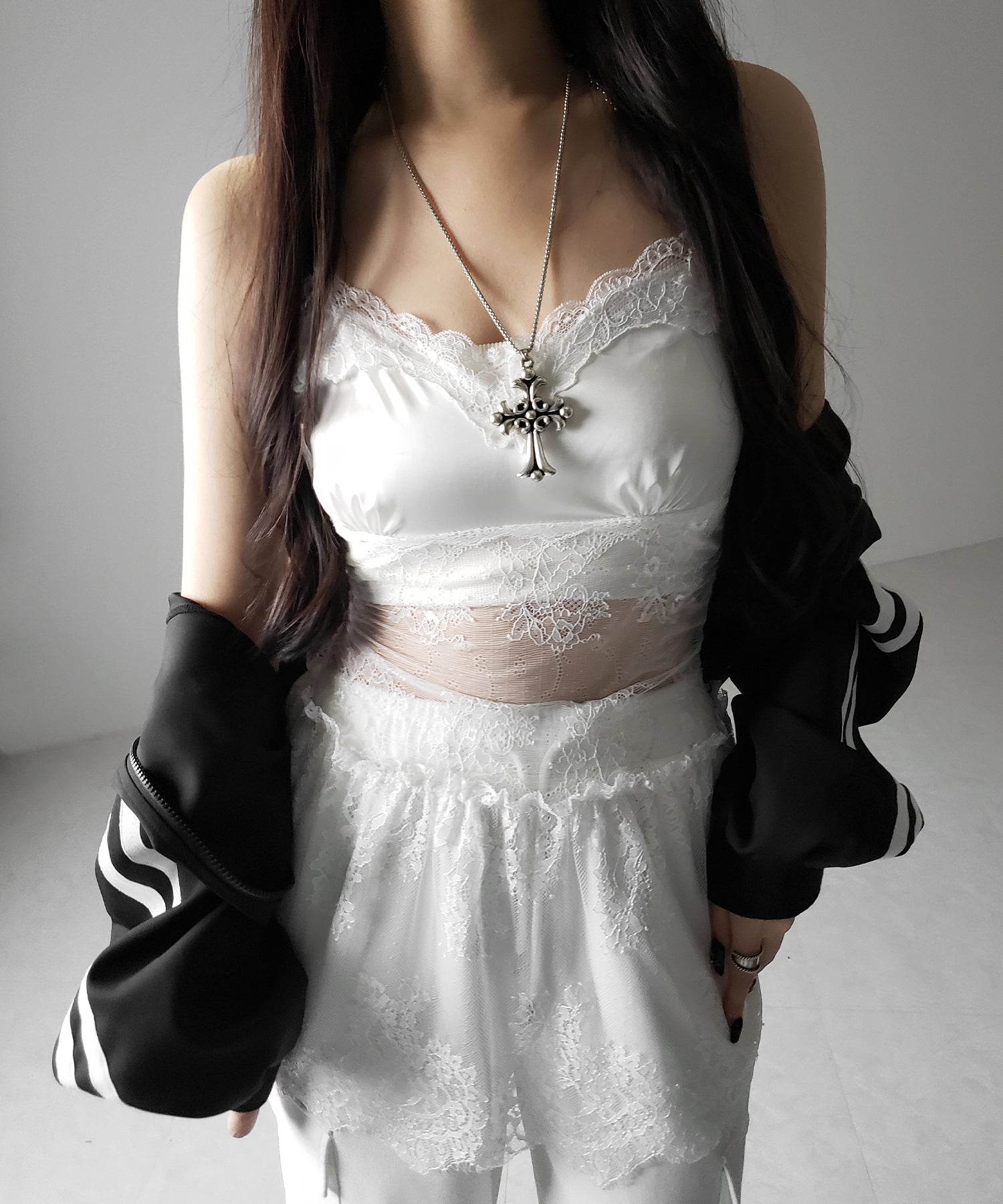 サテンレースドッキングランジェリーチュニックキャミソール / satin lace docking lingerie tunic camisole