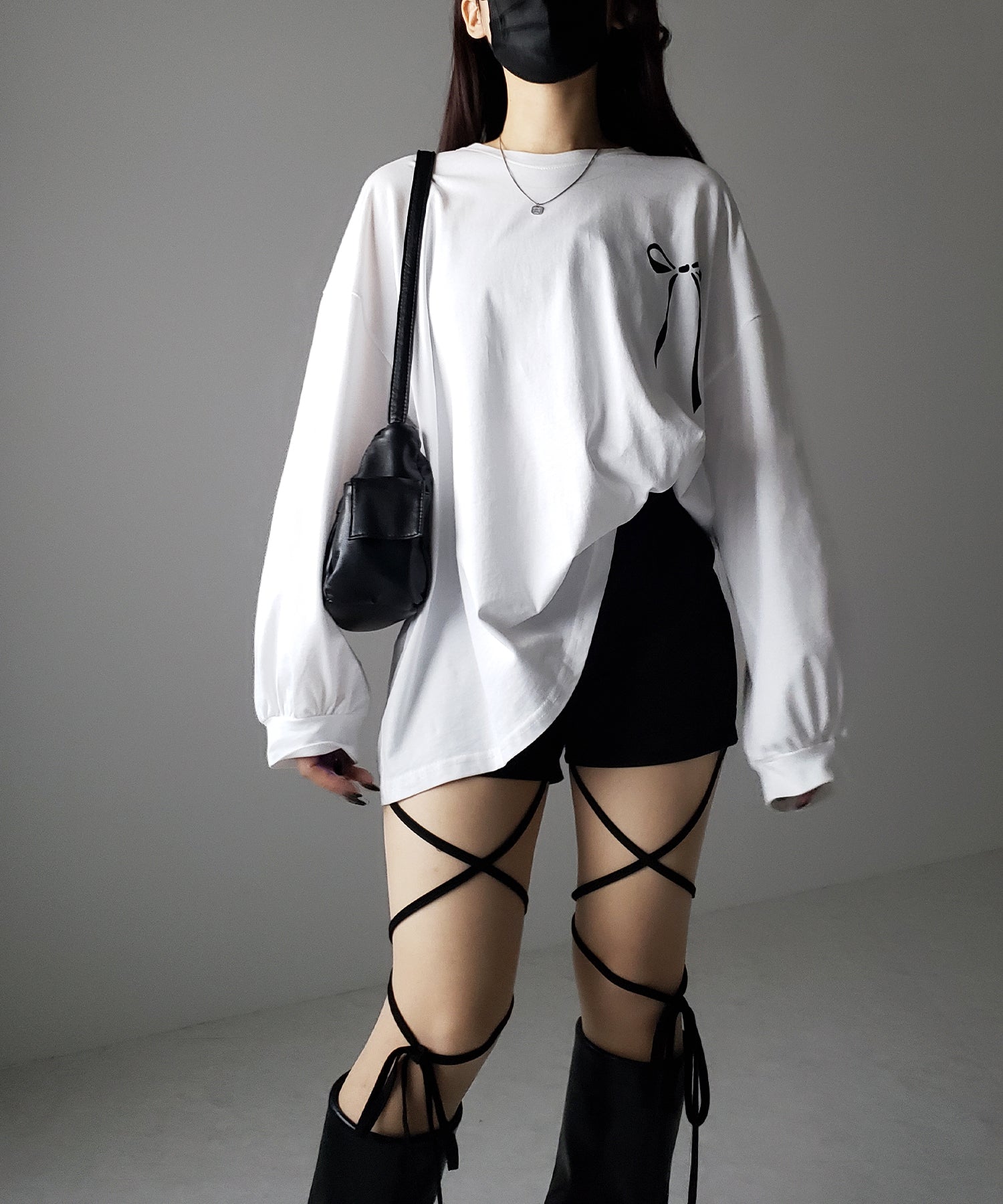 【 セルフカット調節可能 】クロスストラップリボンバイカーレギンスパンツ / cross strap ribbon biker leggings pants