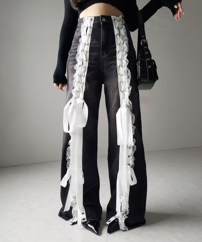 サテンリボンレースアップワイドデニムパンツ / satin ribbon lace up wide denim pants