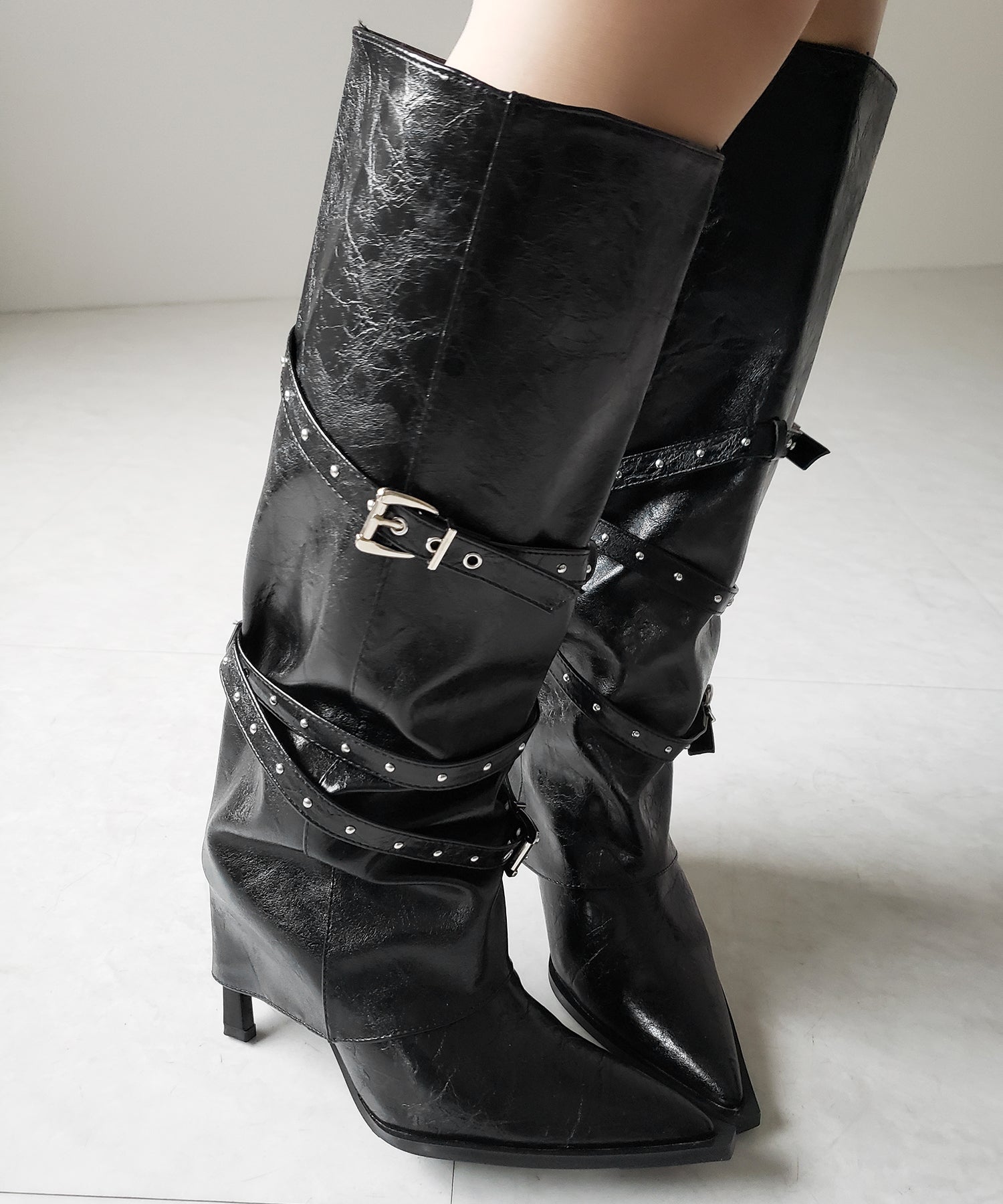 ヴィンテージレザーベルテッドロングカバーブーツ /vintage leather belted long cover boots