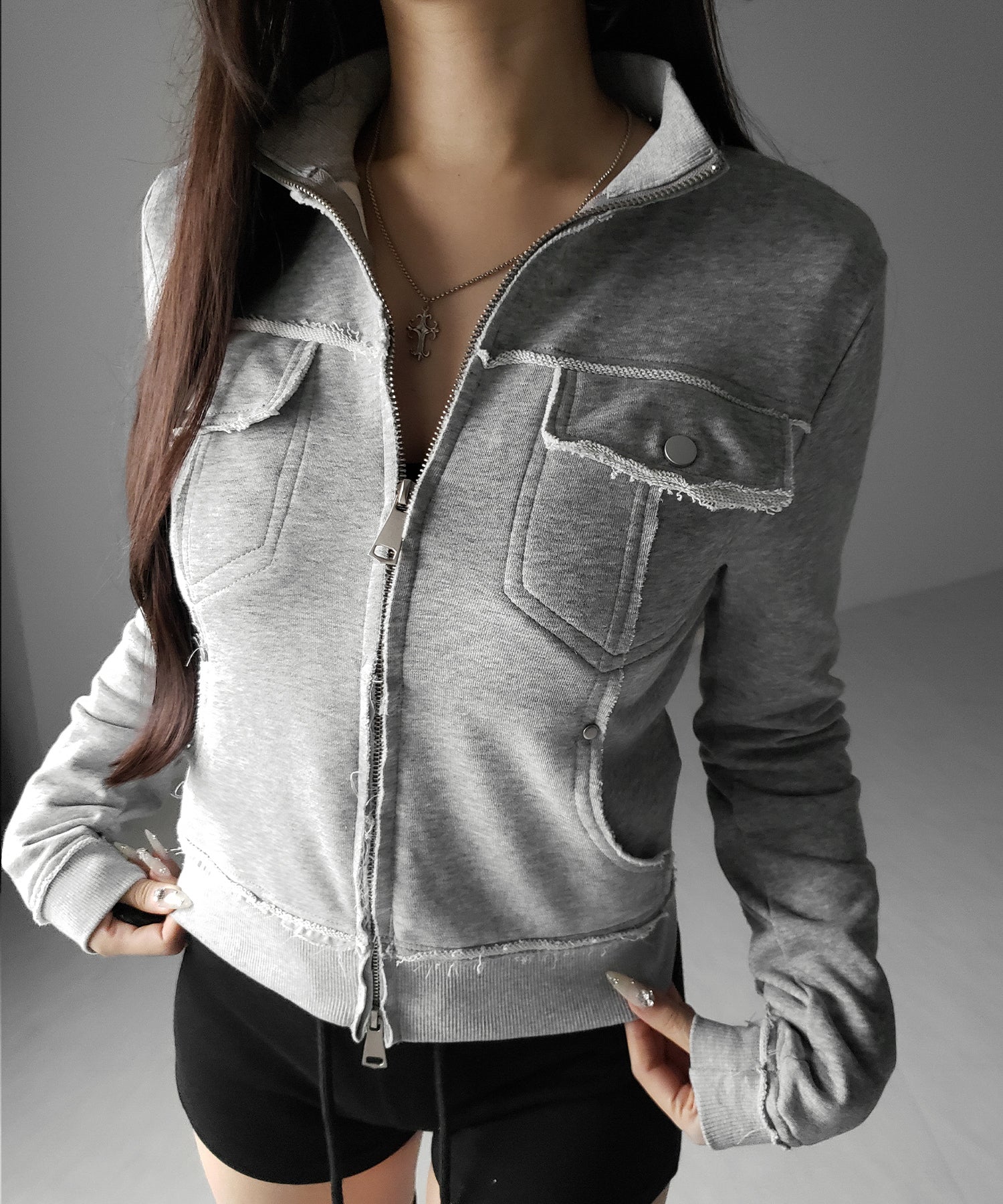 ダブルジップアウトポケット裏毛スリムジャケット / Double-zip outer pocket sweat slim jacket