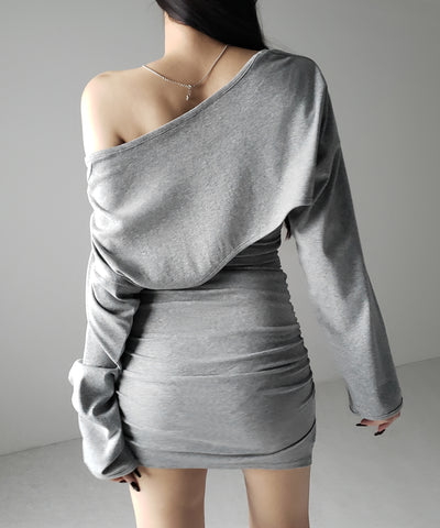 【 2点セット 】シャーリングタイトミニワンピ &フロントリボンショートカーディガン ワンホンセットアップ / shirring tight mini onepiece & front ribbon short cardigan wanghong setup