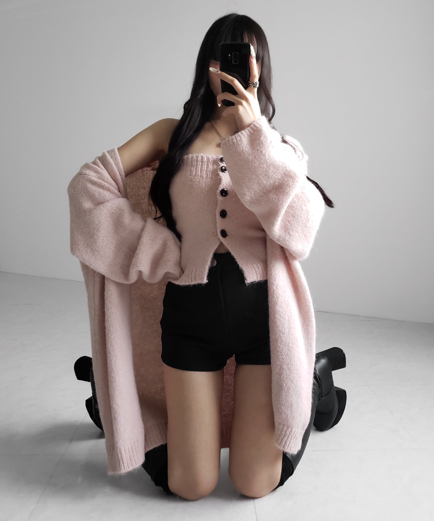 【 新色追加 /2点セット 】ニットボタンビスチェ +ロングカーディガンセット / knit button bustier + long cardigan set