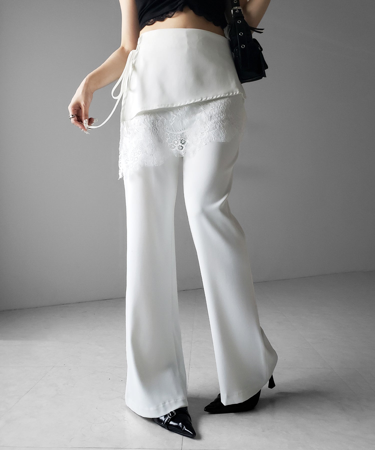 【3size 】レースレイヤードサイドリボンラップフレアスラックス / lace layered side ribbon wrap flare slacks